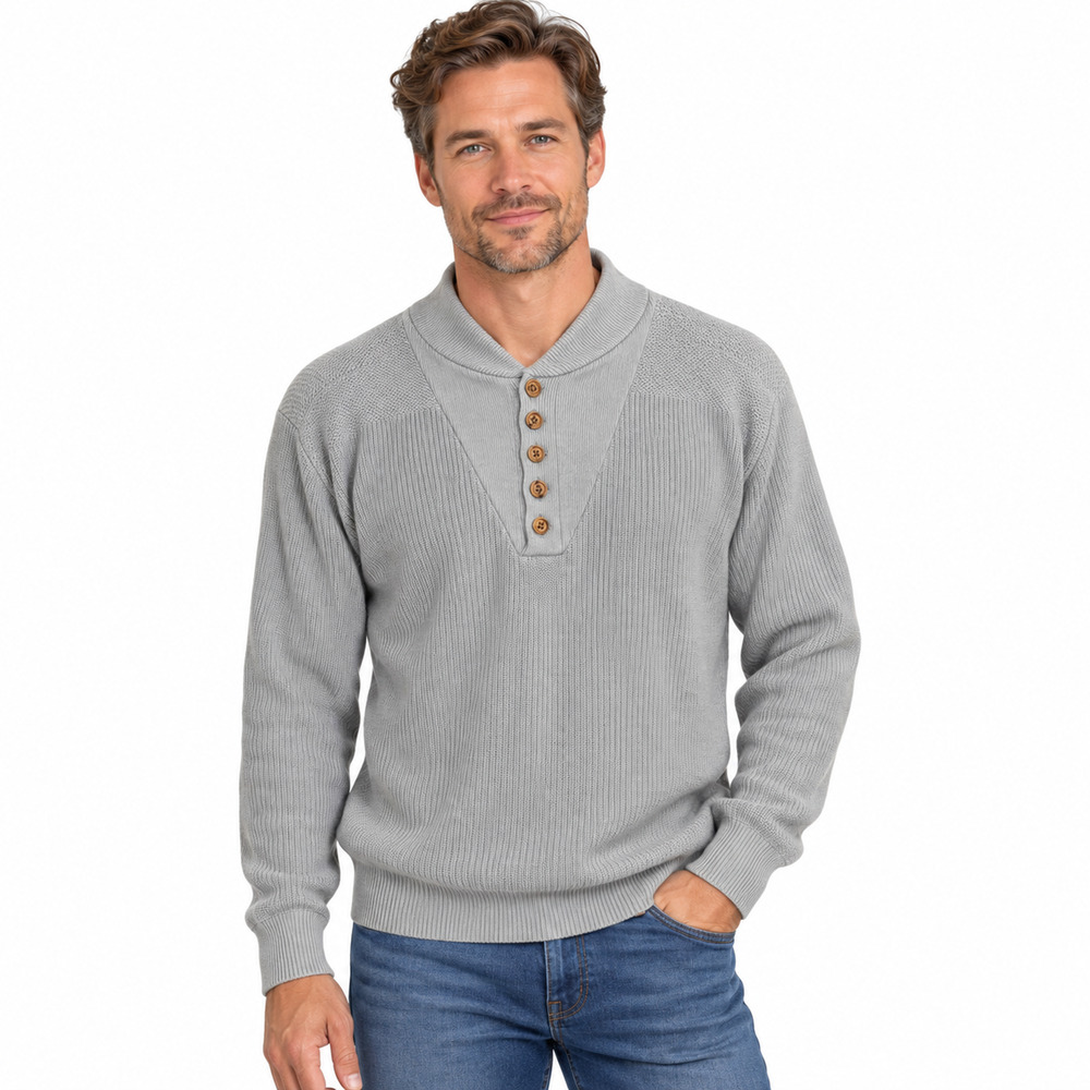 Lands End Blue Vintage 100% Cotton Henley Chunky Knit Fisherman Sweater L Tall